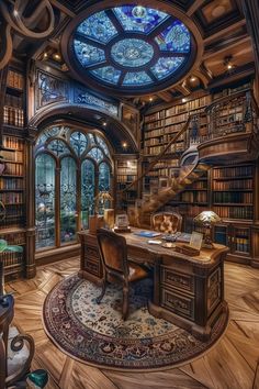 an elaborate library with stained glass windows and wooden floors