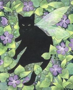 a painting of a black cat sitting on top of green leaves with a butterfly flying over it