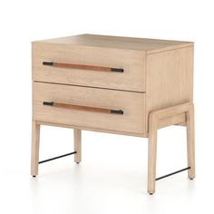 a wooden nightstand with two drawers on one side and an open drawer on the other