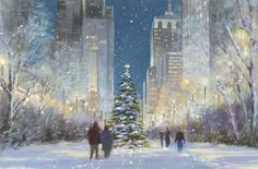 a painting of people walking in the snow near a christmas tree with lights on it