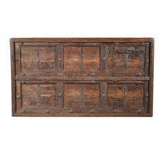 an old wooden chest with metal handles and knobs on the front, against a white background