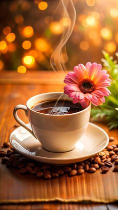 a cup of coffee with a pink flower in it