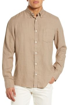 This versatile shirt cut from breathable fabric with a smart button-down collar is one you'll want in every color. 30" length; 44" chest (size Medium) Front button closure Button-down collar Long sleeves with button cuffs Chest patch pocket 100% linen Machine wash, tumble dry Imported Men's Clothing Tan Dress Shirt, Shirt Outfit Men, Check Dress Shirt, Off White Mens, Slim Fit Dress Shirts, Tuxedo Shirts, Plaid Dress Shirt, Fitted Dress Shirts, Slim Fit Dresses