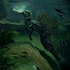 an artist's rendering of a dinosaur swimming in the water with fish around it