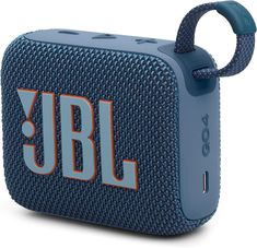 the jbl go portable speaker is blue and has an orange stripe on it's side