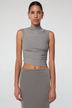 Effortlessly draped and versatile, the Selma tank is a must-have. With ruched detailing and a high neck, it's perfect for any occasion. The Line By K, Line By K, Warm Outfit, Clothes Wishlist, Column Skirt, Slip Skirts, Tank Design, Favorite Daughter, Grey Tank Top