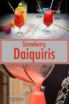 strawberry daiquiris is being poured into a pitcher