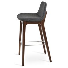 an upholstered bar stool with a wooden frame and grey fabric seat pad, viewed from the front