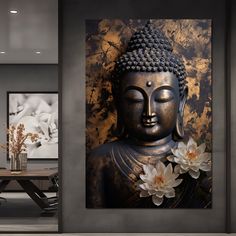 a buddha statue sitting in front of a wall with flowers on it's head