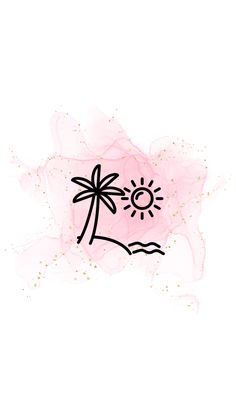 a pink watercolor background with a black and white drawing of a palm tree on it