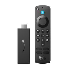 a black remote control next to an external charger for the fire tv box on a white background