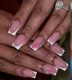 mjsnailgarden__ Frenchies With Gems, White French Tip With Gold Charms, French Tip Nails With Butterfly Charm, White Frenchies With Flowers Nails, Short Frenchies With Charms, White French Nails, Short Square Nails, French Nail Designs, Y2k Nails