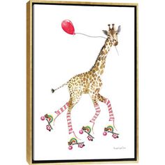 a giraffe with a red balloon floating in the air