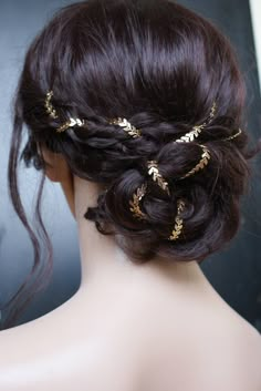 I adore the kind of look you can achieve with this pretty gold-plated chain headpiece! You and your Bridal Hair-stylist can get really creative with it!   You simply attach it into a section of the hair with hairpins/Bobby pins through the end loops, then you can plait it into a braid, or twist it around a section of hair to create the kind of look I have shown on the model. PLEASE NOTE- I used TWO headpieces to create the look in these pictures. Each headpiece measures 19" in length. Now also a Silver Wedding Hair Accessories, Bohemian Bridal Hair, Gold Hair Accessories Wedding, Braided Bun Hairstyles, Hair Chains, Wedding Hair Inspiration, Bridal Headpiece, Braids For Long Hair, Diy Hair Accessories