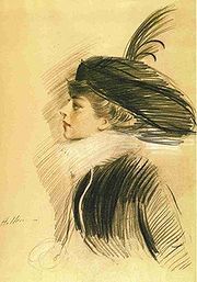 a drawing of a woman wearing a hat with feathers on it's head and shoulders