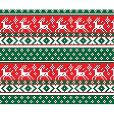 a red and green knitted pattern with white horses on the front, in two rows