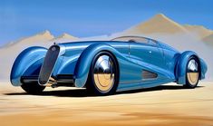 a painting of a blue car in the desert