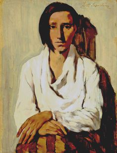 a painting of a woman sitting in a chair with her hands on her knees and looking off to the side