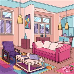 a living room filled with purple furniture and colorful rugs on the floor in front of windows