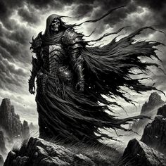 a black and white image of a demon standing on top of a mountain