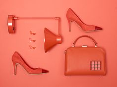 four different types of shoes and accessories on a pink background, including a handbag