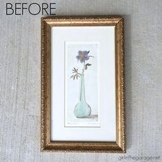 a painting hanging on the wall next to a framed picture with flowers in it and text overlay that reads, before