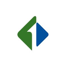 an arrow logo with the letter k in green and blue, on a white background