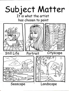 the subject matter worksheet is shown in black and white, with four different pictures