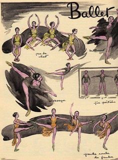 an old book with some drawings of ballet dancers in different positions and poses, including the ballerinas