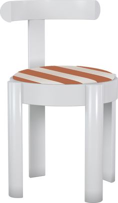 a white chair with an orange and white stripe seat cover on it's back