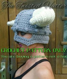 a woman wearing a crochet viking hat with the words, crochet pattern only you are buying a pattern not a hat