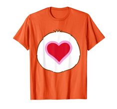 an orange t - shirt with a red heart on the front and white circle around it