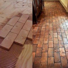 before and after photos of a kitchen floor being cleaned with wood planks on the floor