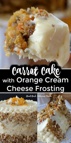 carrot cake with orange cream cheese frosting and crumbled toppings on top