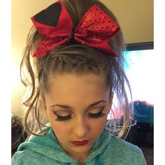 Hairstyles For Cheer, Hairstyles With Bows, Cheer Hairstyles, Cheerleading Hair, Competition Makeup, Cheer Makeup, Cheer Competition, Cheerleading Hairstyles