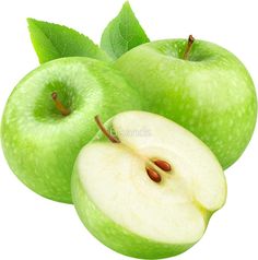 three green apples with one cut in half and the other sliced in half, on a white background