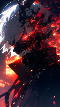 an anime character with red eyes and black hair, standing in front of fire flames