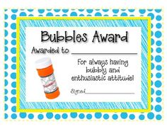 a blue and white polka dot background with the words bubbles award for always having bubbly and enthusiasticistic attitude