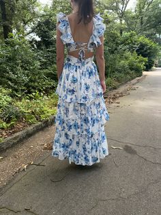 Floral ruffled maxi dress with elegant back! Kendall is wearing a size small. Blue Floral Maternity Dress, Romantic Blue, Floral Maternity Dresses, Clothes Board, Flutter Sleeve Dress, Plus Size Shopping, Wedding Outfits, Floral Dresses, Ruffled Maxi Dress