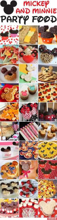 mickey and minnie party food is shown in this collage with the words, mickey and minnie