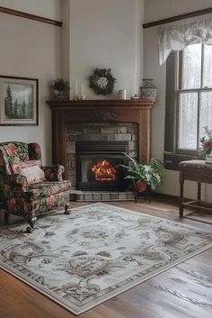 a living room filled with furniture and a fire place in the middle of the room