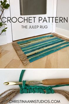 crochet pattern for the jute rug is shown in two different views, with text overlay that says crochet pattern