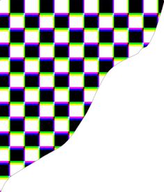 a black and white checkerboard pattern with green, purple, and yellow squares