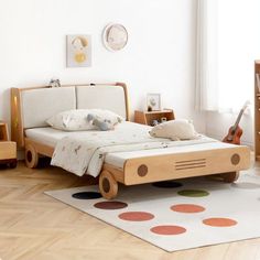 a child's bedroom with wooden furniture and decor