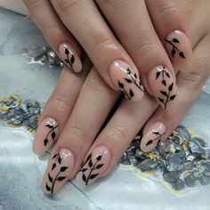 Black Floral Acrylic Nails, Nails Vine Design, Vine Nails Acrylic, Nails With Ivy Design, Black Vine Nail Art, Homecoming Accessories Ideas, Nail Designs Vines, Black Flower Design Nails, Black Floral Nail Art