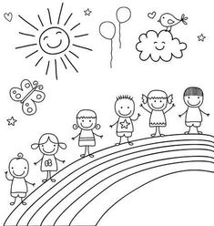 black and white drawing of kids playing on the rainbow