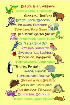 a poster with different animals and words on it's side, including the names