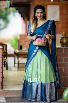 Blue Designer Blouse, Dhavani Designs, Sarees For Girls, Simple Lehenga, Half Saree Lehenga, Long Gown Design, Half Sarees, Lehenga Designs Simple