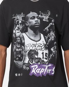 a man wearing a black raptors t - shirt with images of basketball players on it