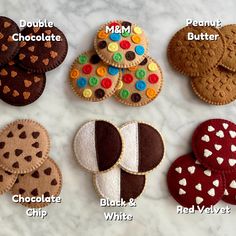 four different types of cookies on a marble counter top with the names and description below them